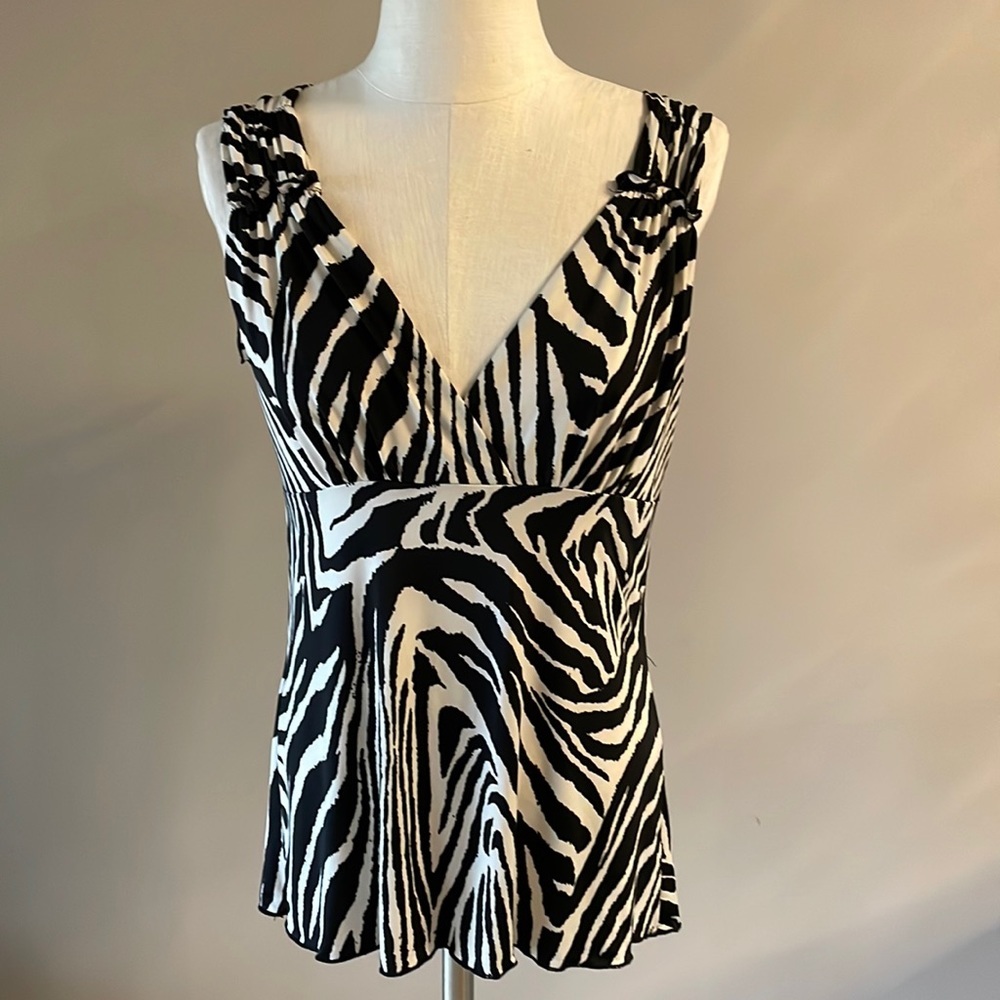 SHARON MAX made in USA women’s empire waist / stretch ZEBRA tank top size Large